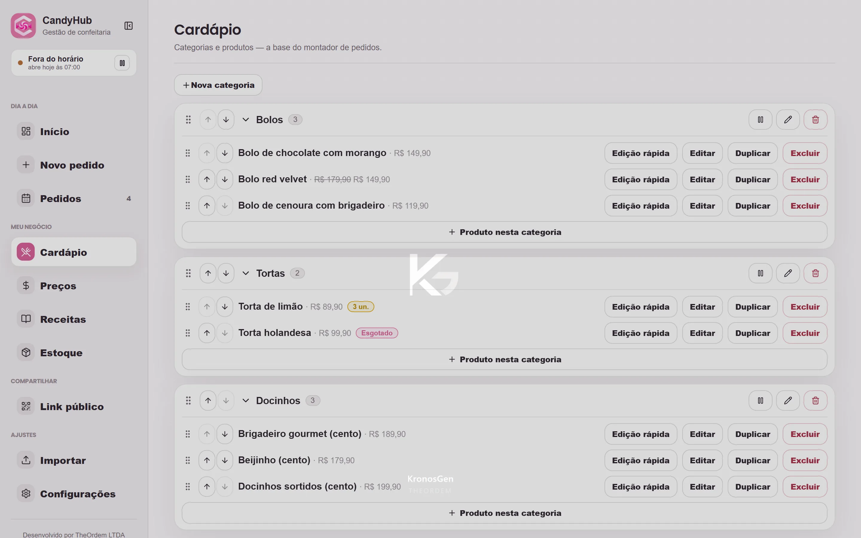 O cardápio que o cliente abre no celular